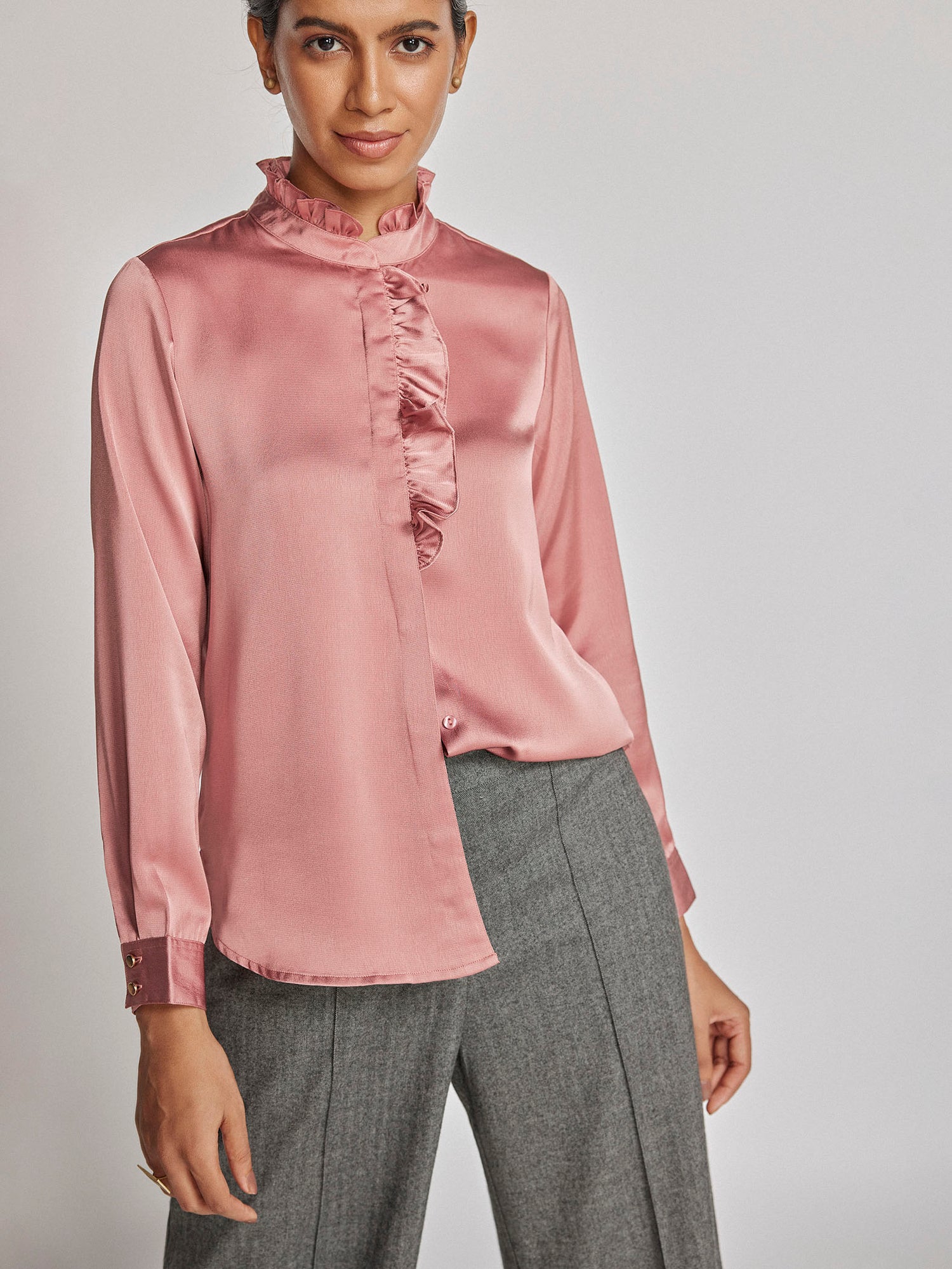 Rose Satin Ruffled Shirt