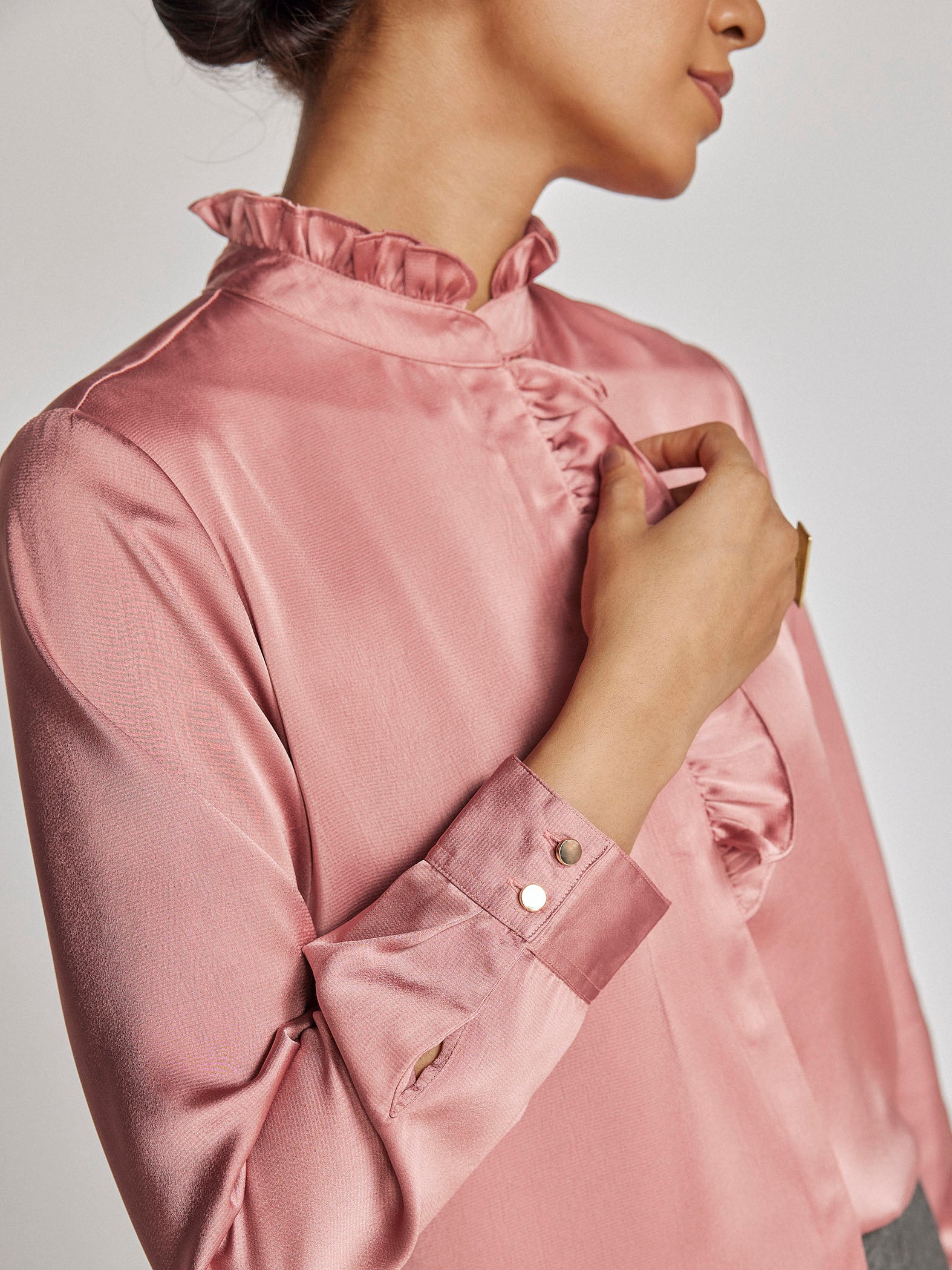 Rose Satin Ruffled Shirt