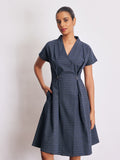 Royal Blue Checked Pleated Dress