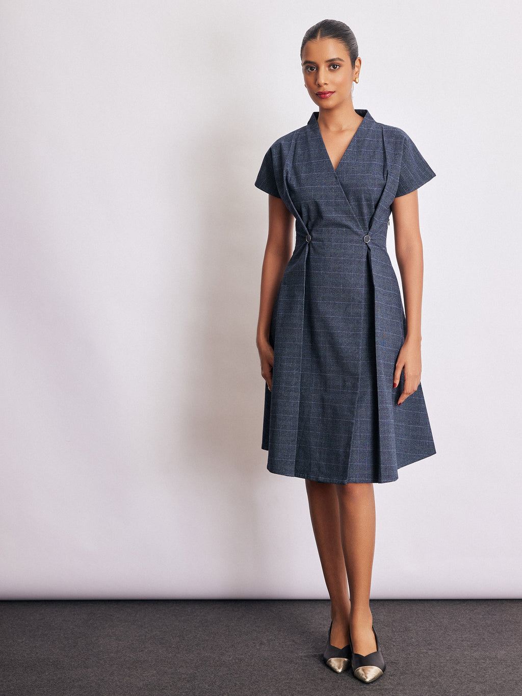 Royal Blue Checked Pleated Dress