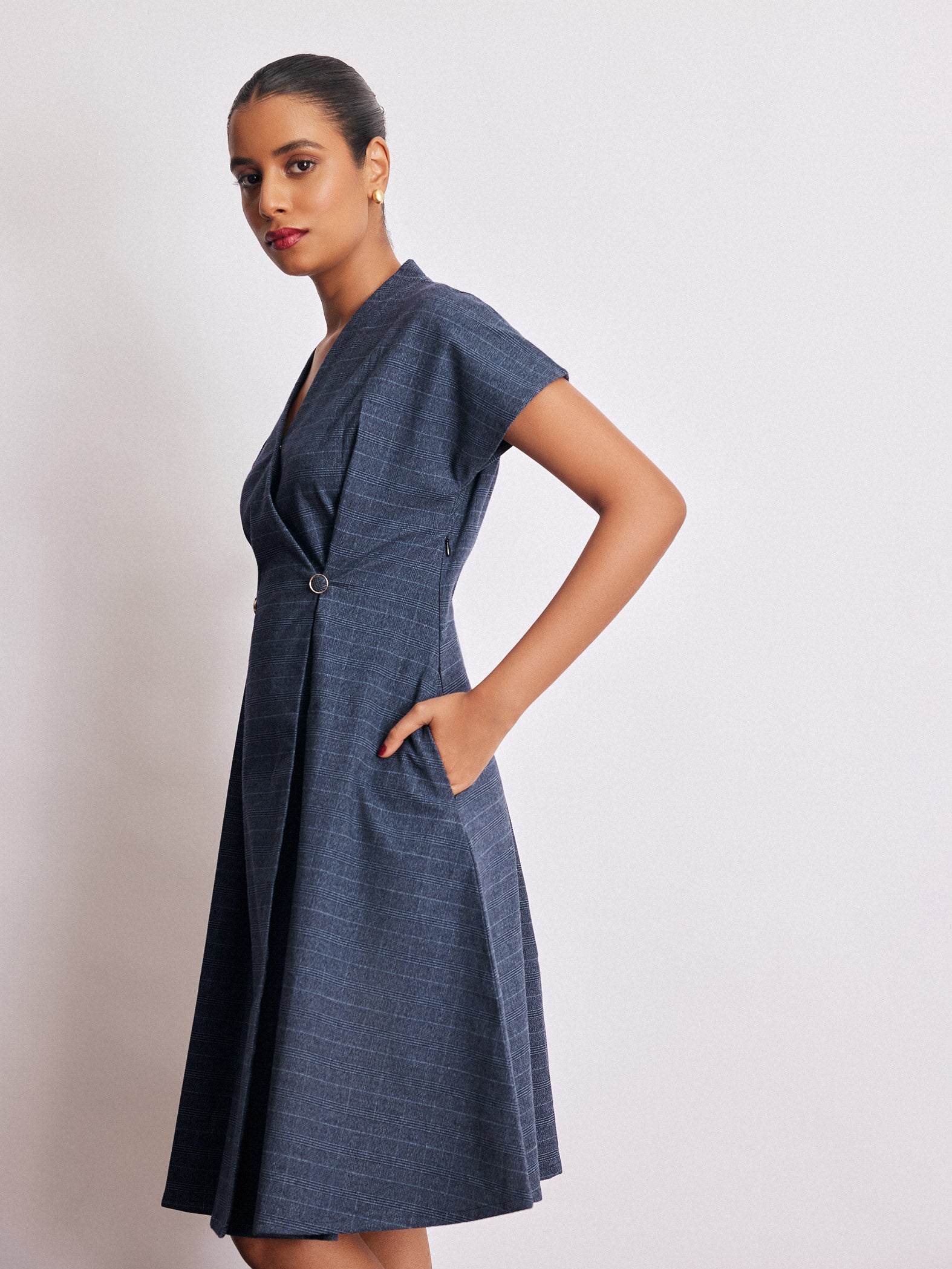 Royal Blue Checked Pleated Dress