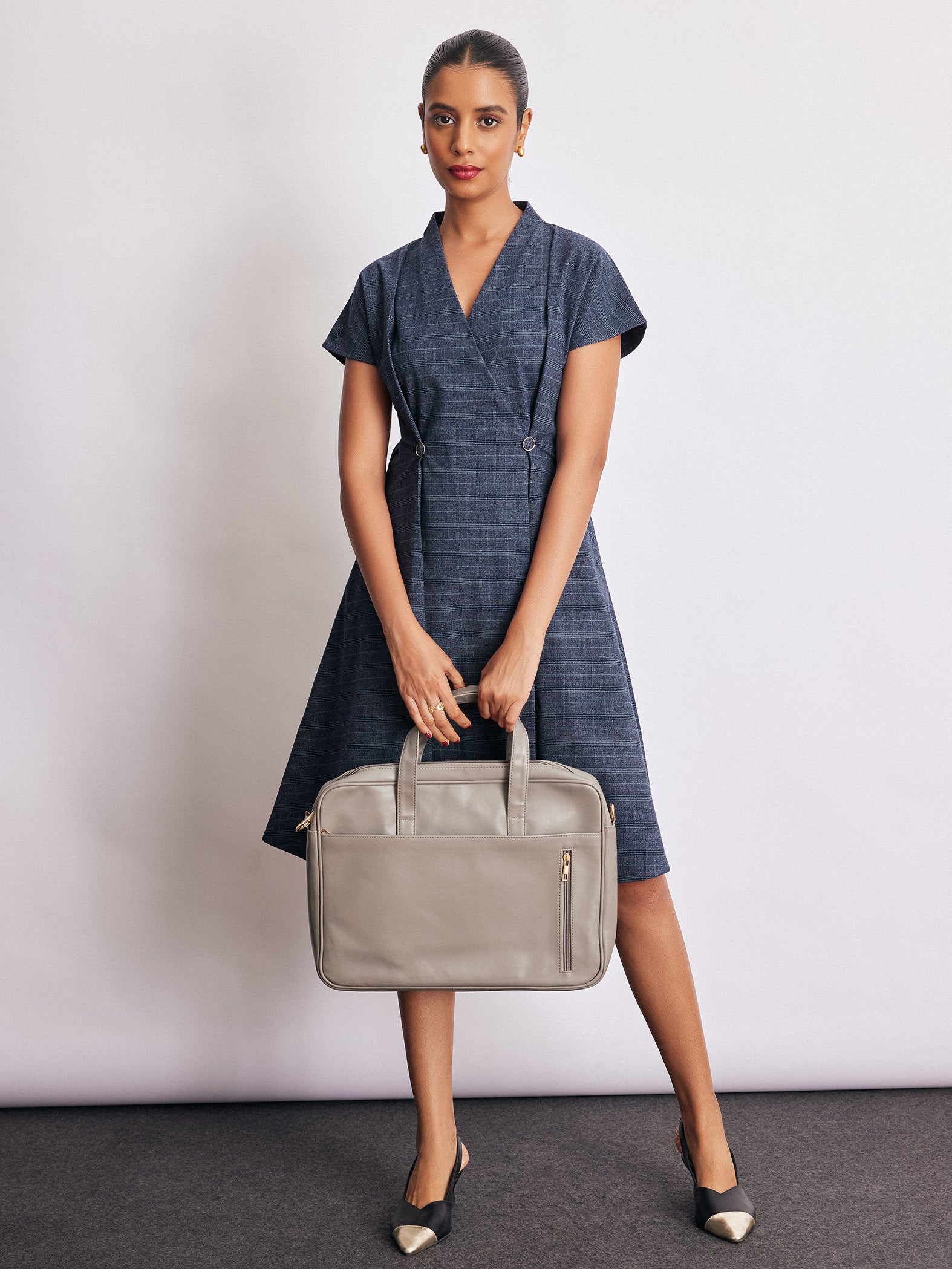 Royal Blue Checked Pleated Dress