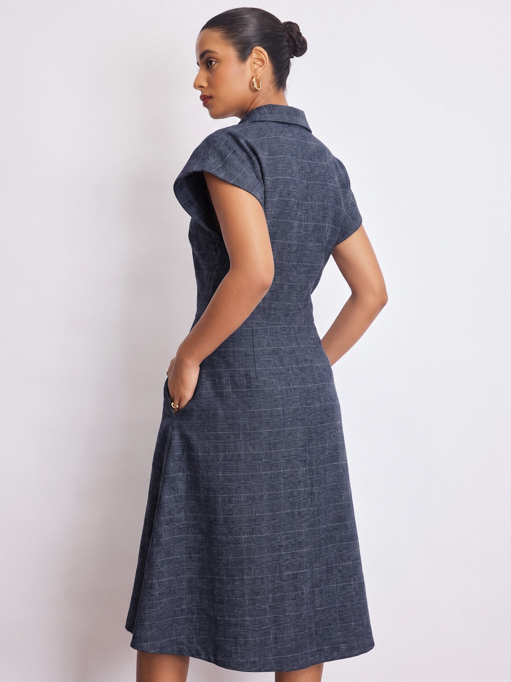Royal Blue Checked Pleated Dress