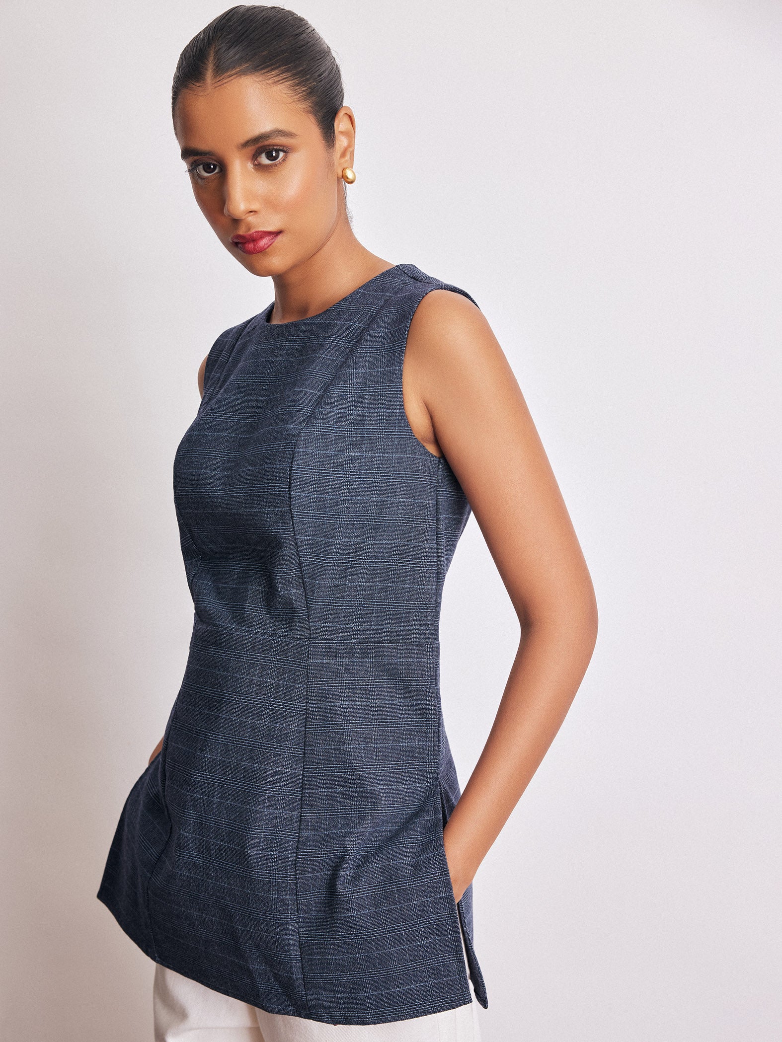 Royal Blue Checked Side Slit Top