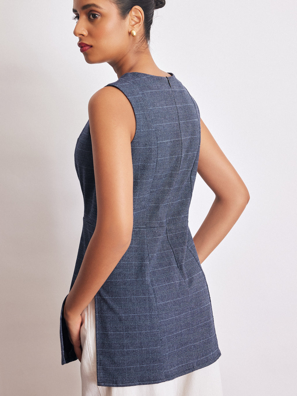 Royal Blue Checked Side Slit Top