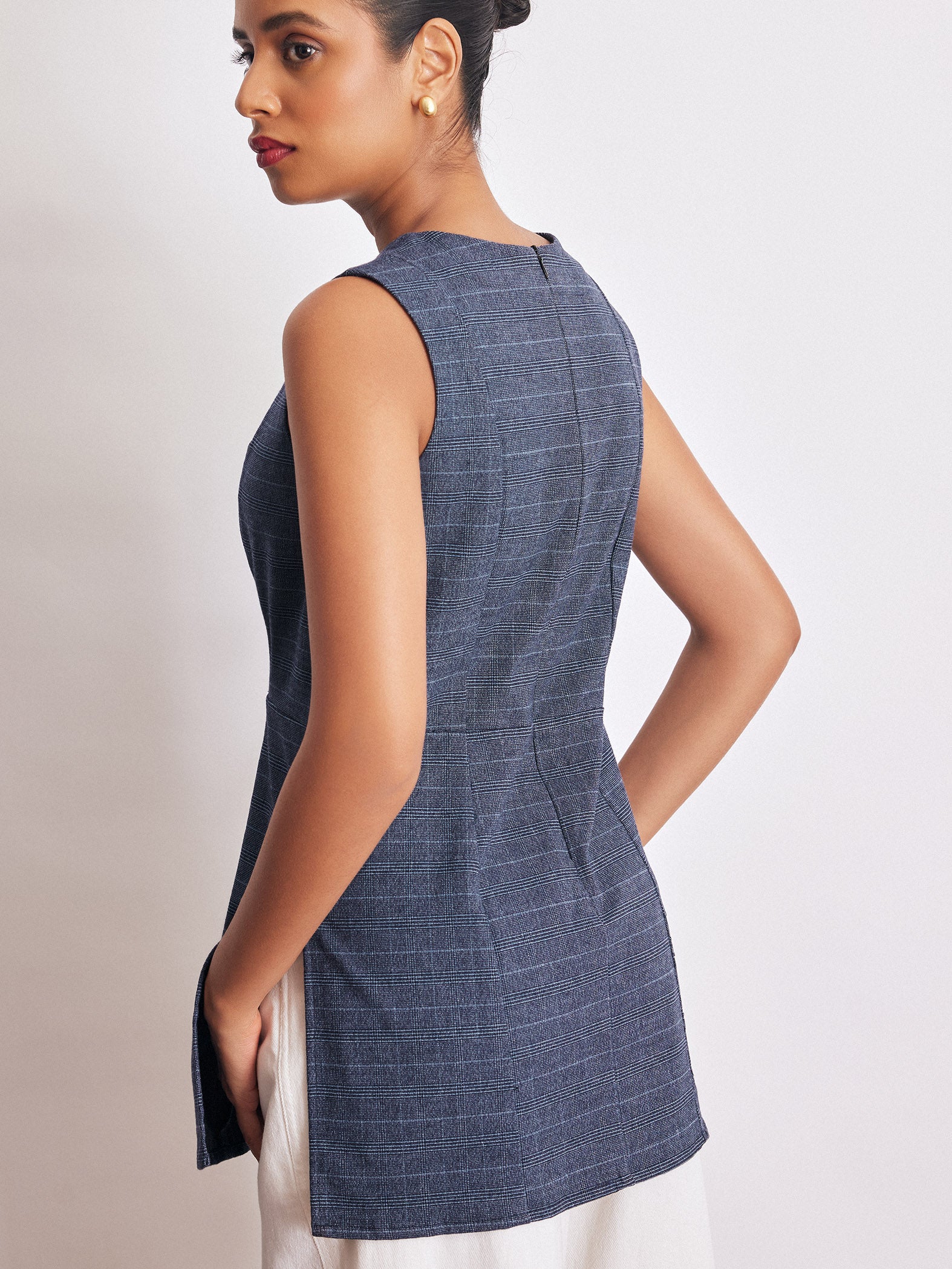 Royal Blue Checked Side Slit Top