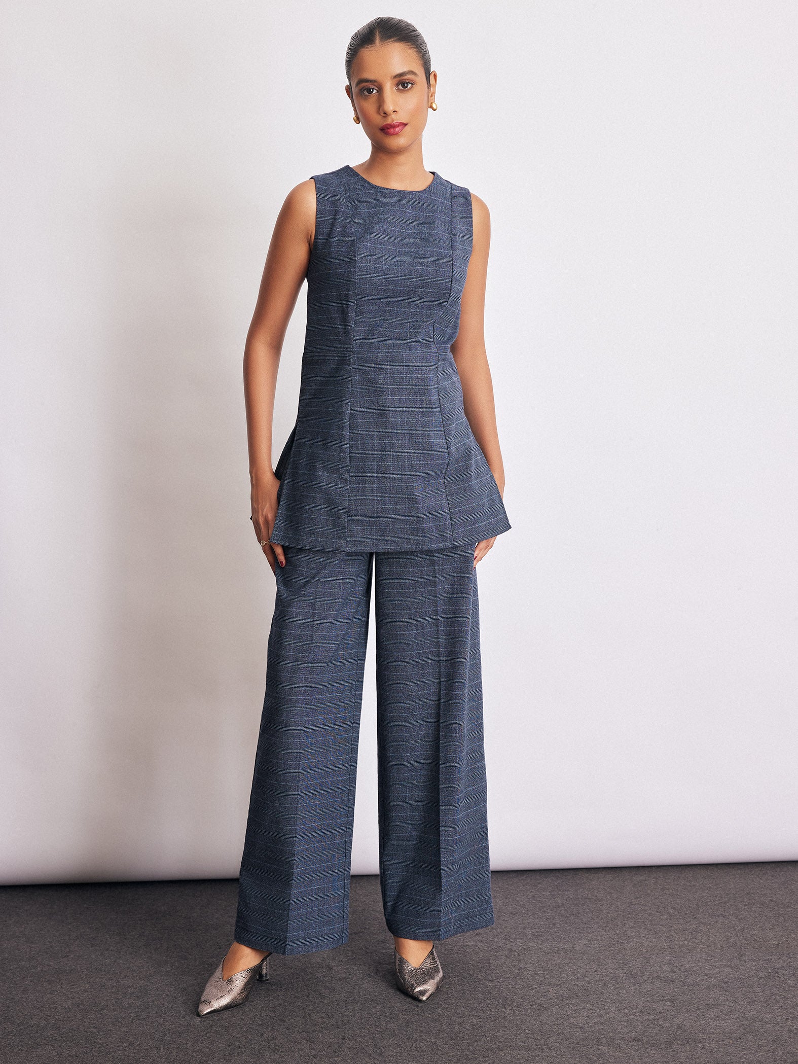 Royal Blue Checked Side Slit Top