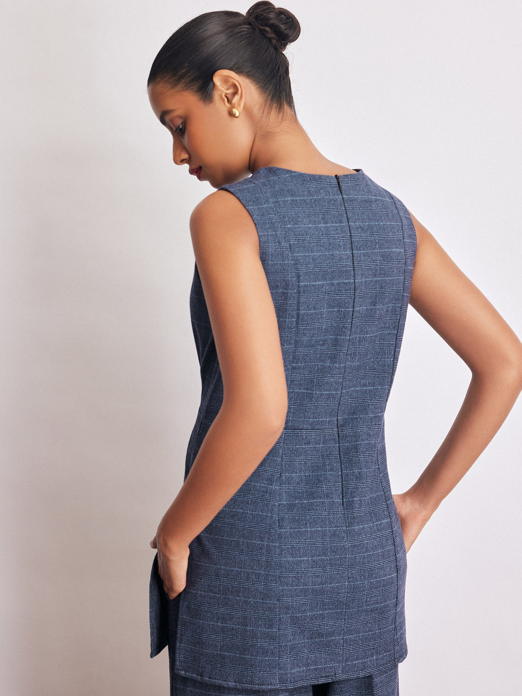 Royal Blue Checked Side Slit Top