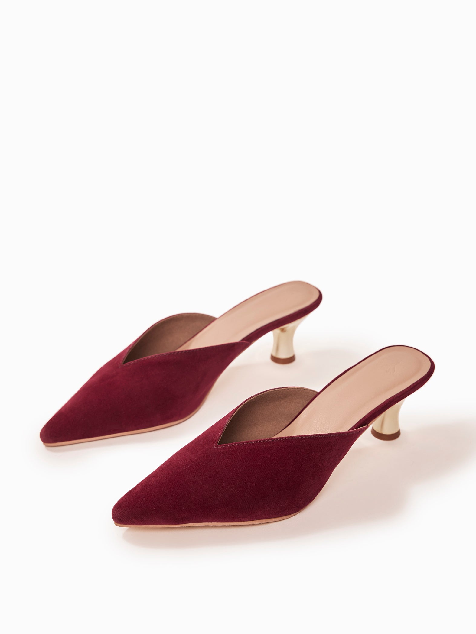 Ruby Velvet Pointed Toe Gold Heels