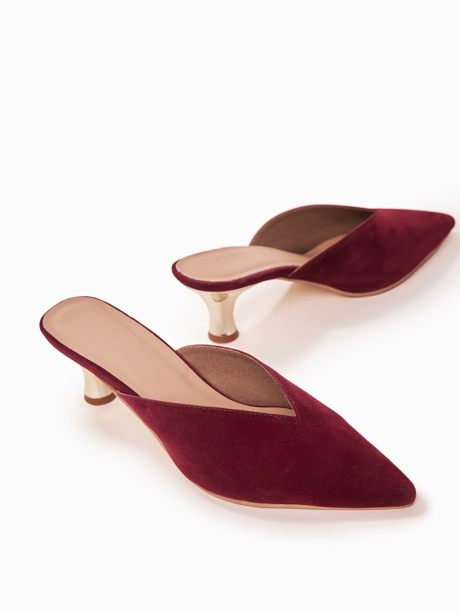 Ruby Velvet Pointed Toe Gold Heels