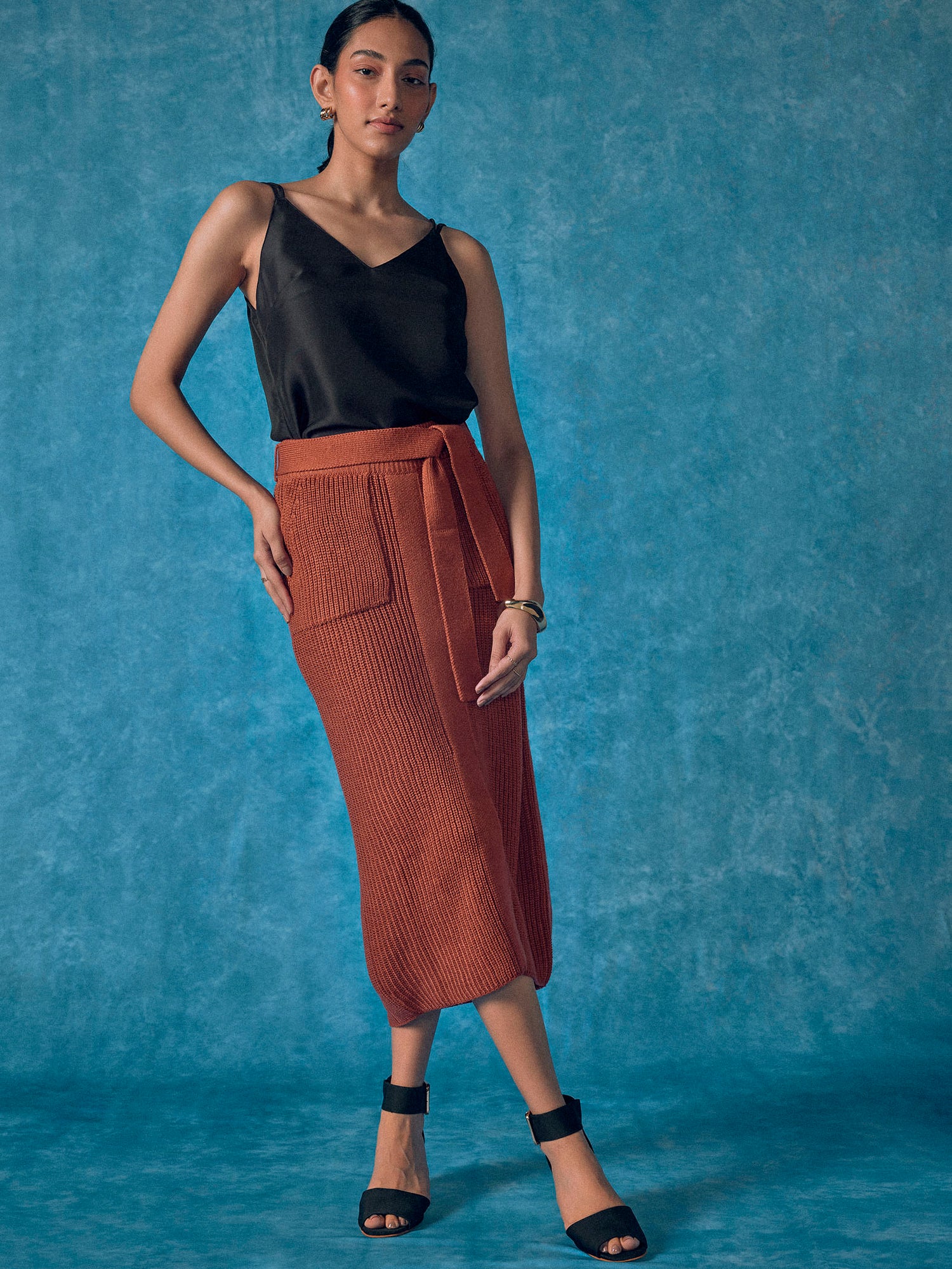 Rust Front-Tie Wrap Knit Skirt