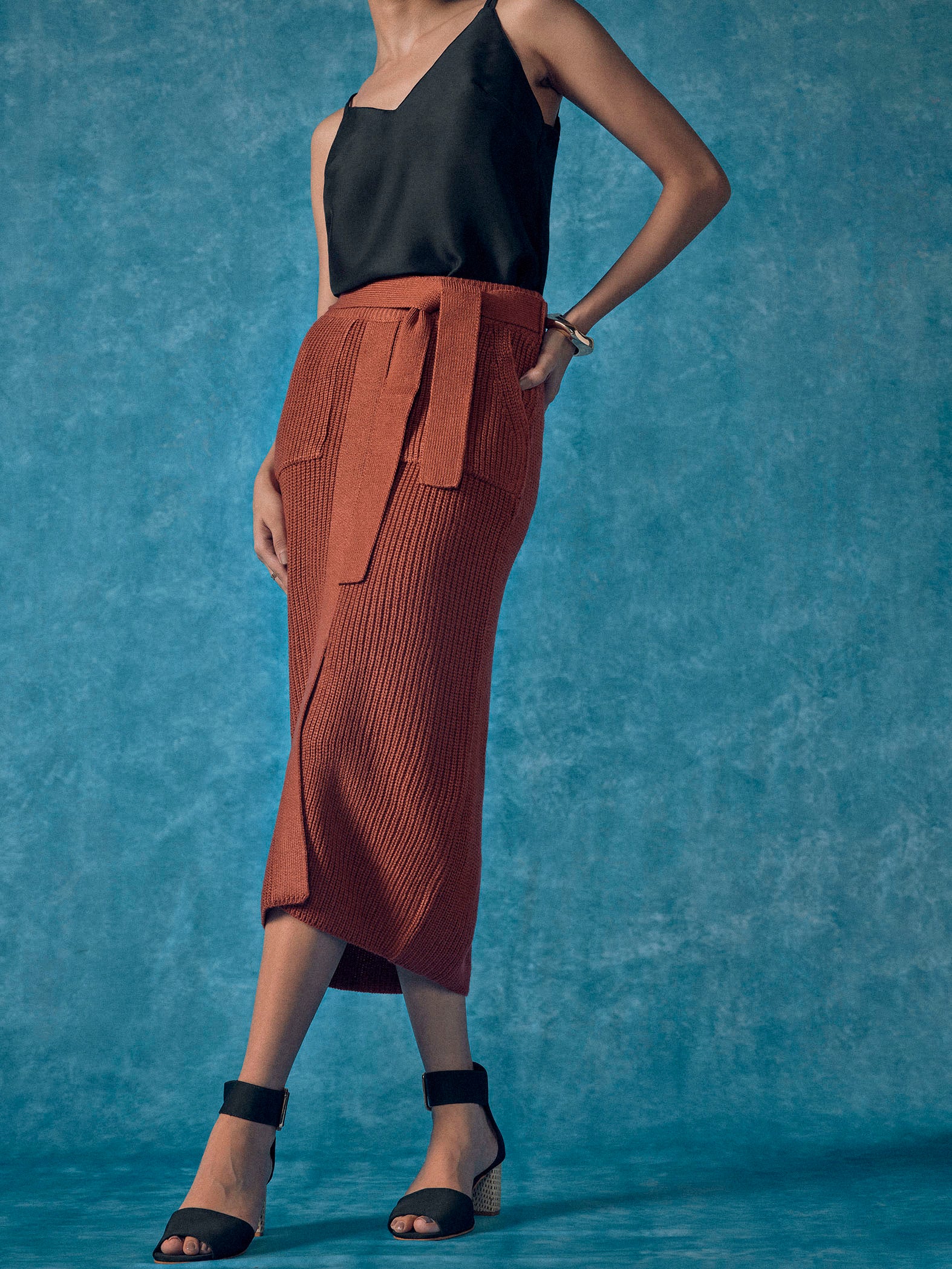 Rust Front-Tie Wrap Knit Skirt