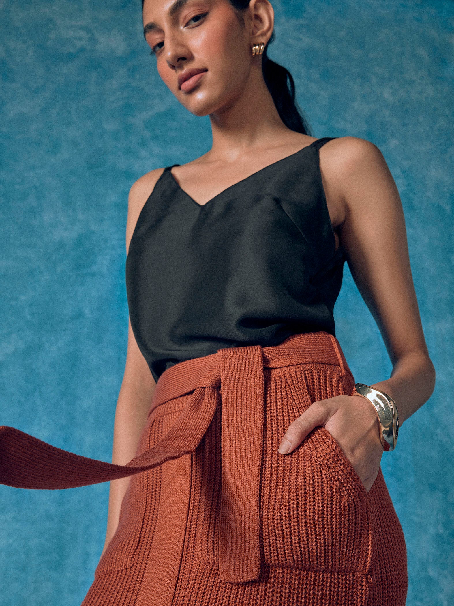 Rust Front-Tie Wrap Knit Skirt