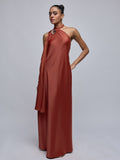 Rust Satin Scarf Neck Maxi Dress