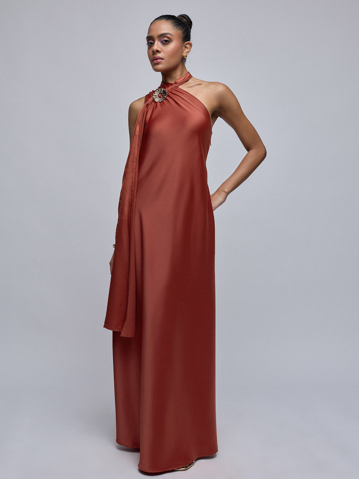 Rust Satin Scarf Neck Maxi Dress