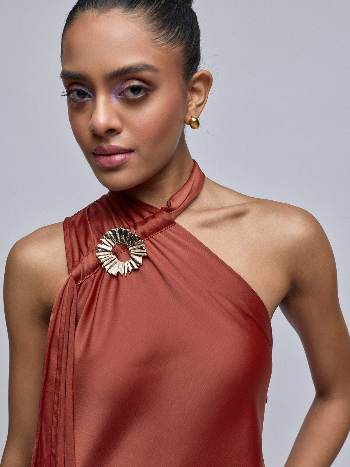 Rust Satin Scarf Neck Maxi Dress