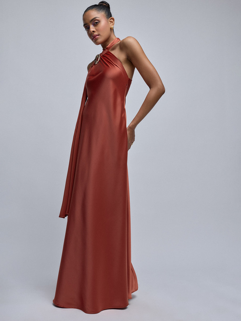 Rust Satin Scarf Neck Maxi Dress