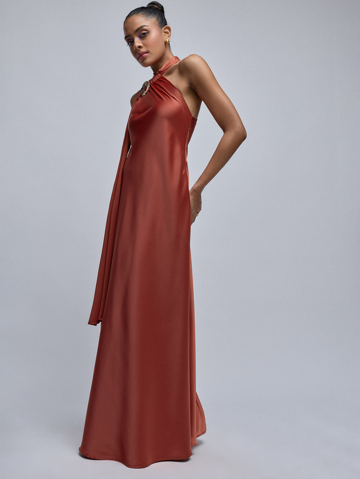 Rust Satin Scarf Neck Maxi Dress