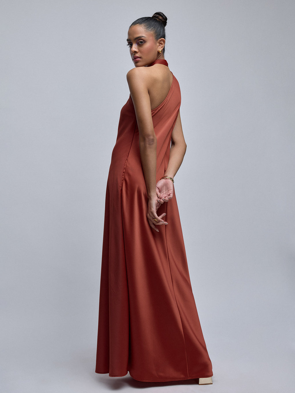 Rust Satin Scarf Neck Maxi Dress