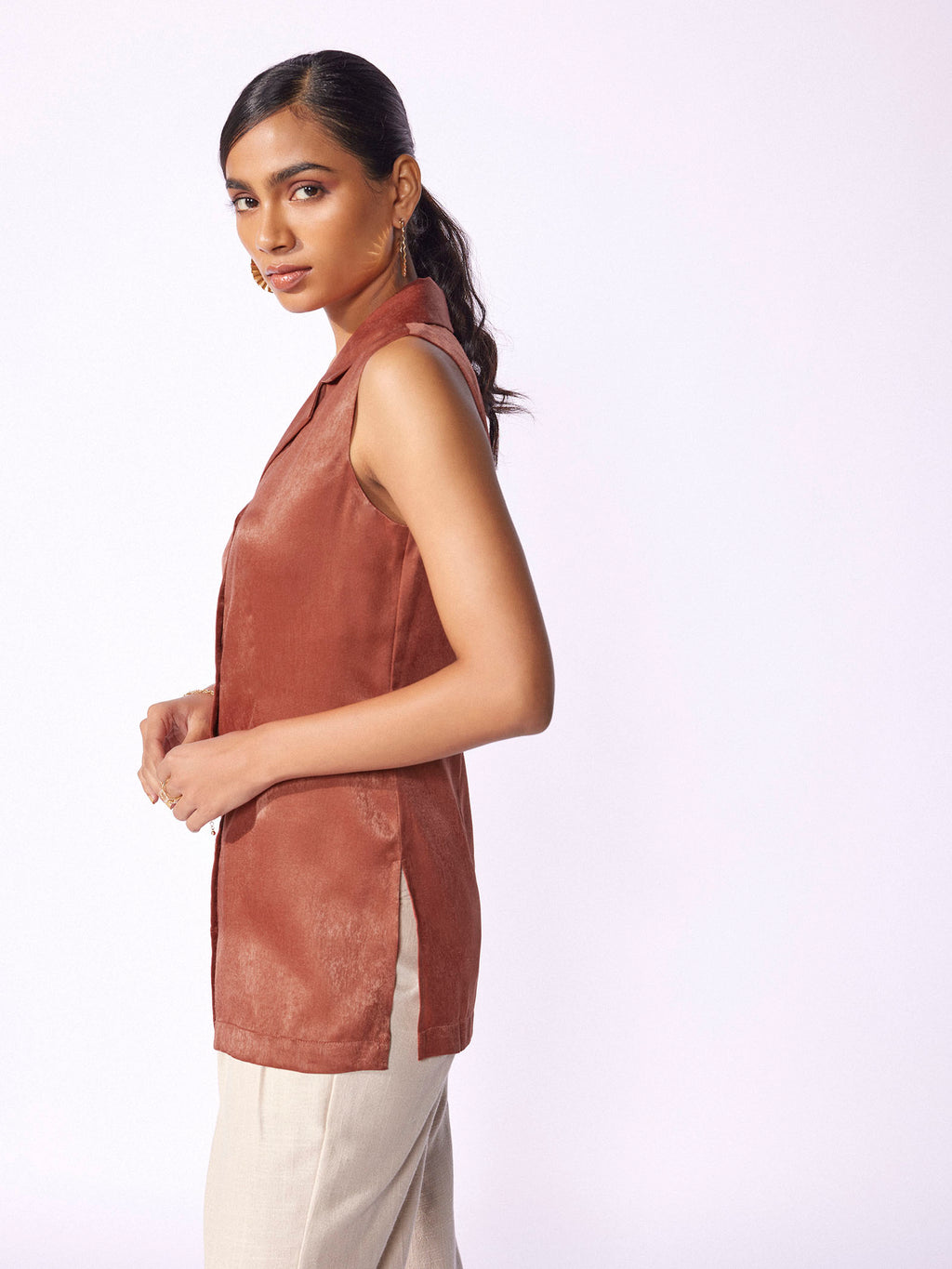 Rust Satin Sleeveless Blazer