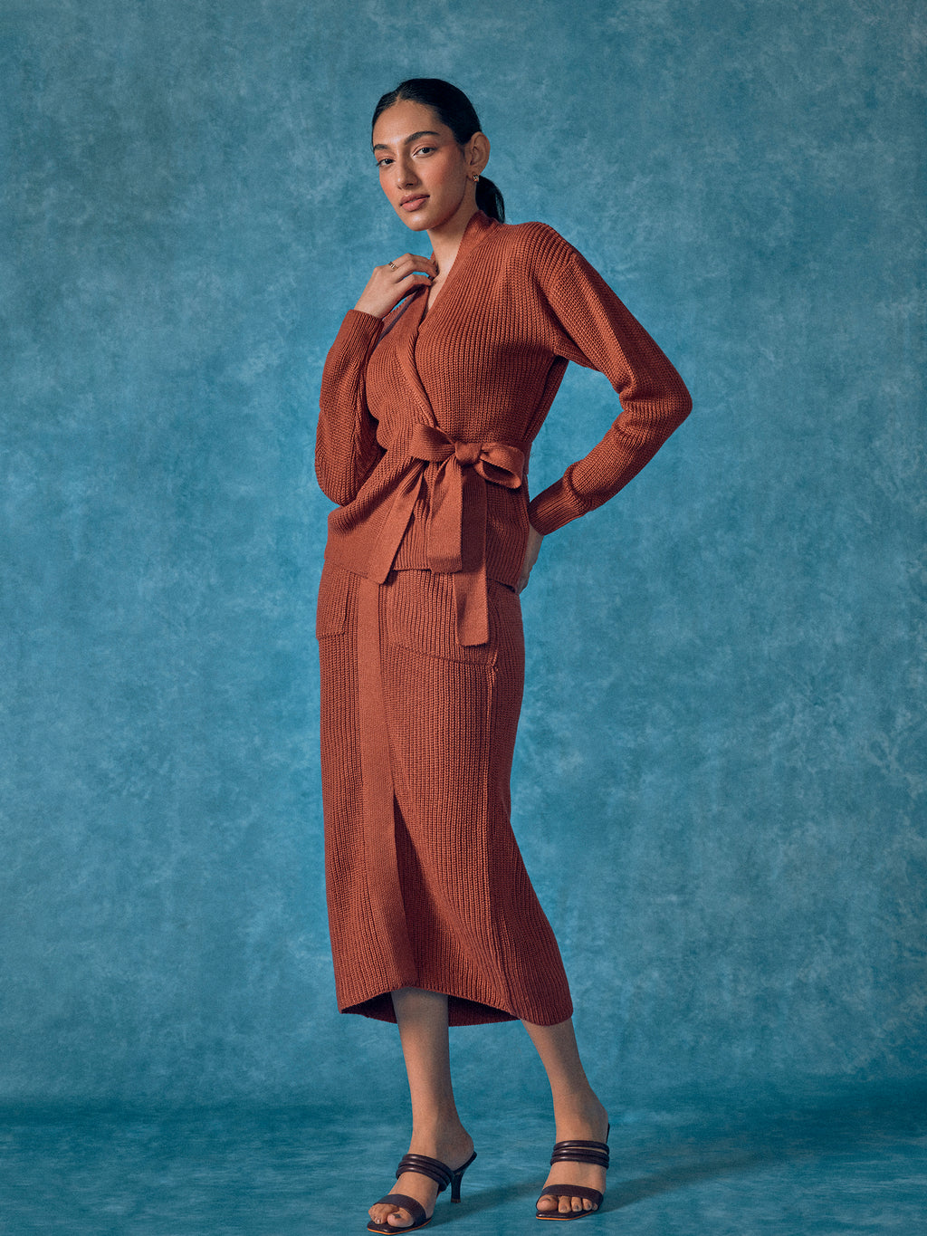Rust Waist Tie-Up Wrap Knit Top