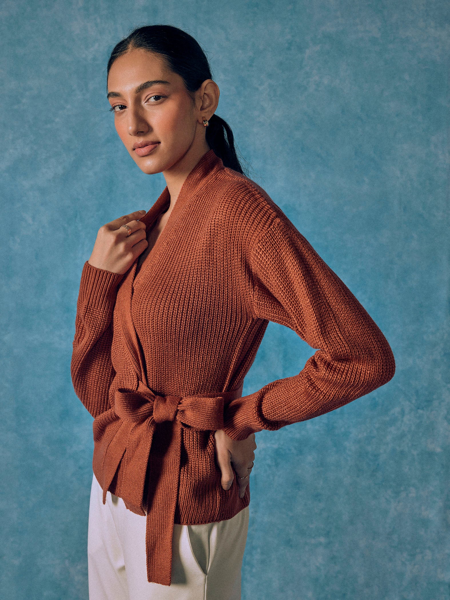 Rust Waist Tie-Up Wrap Knit Top