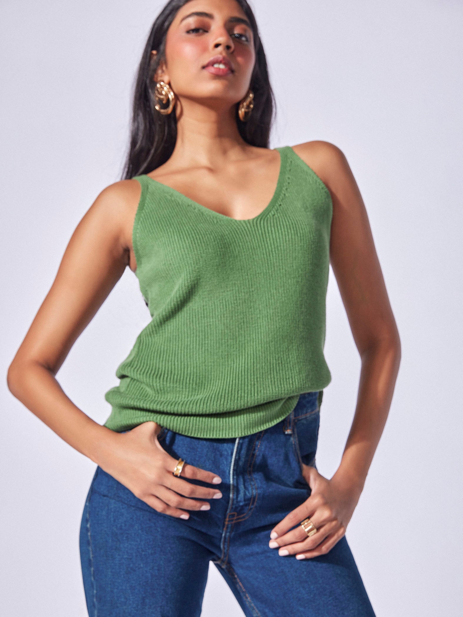 Sage Knit V Neck Tank Top