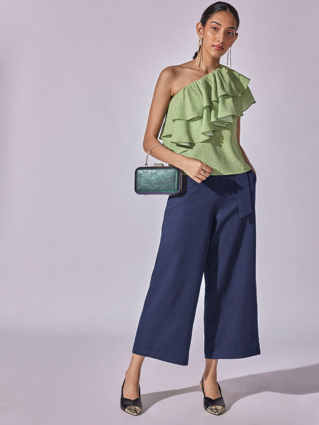 Sage Leaf Print One Shoulder Top