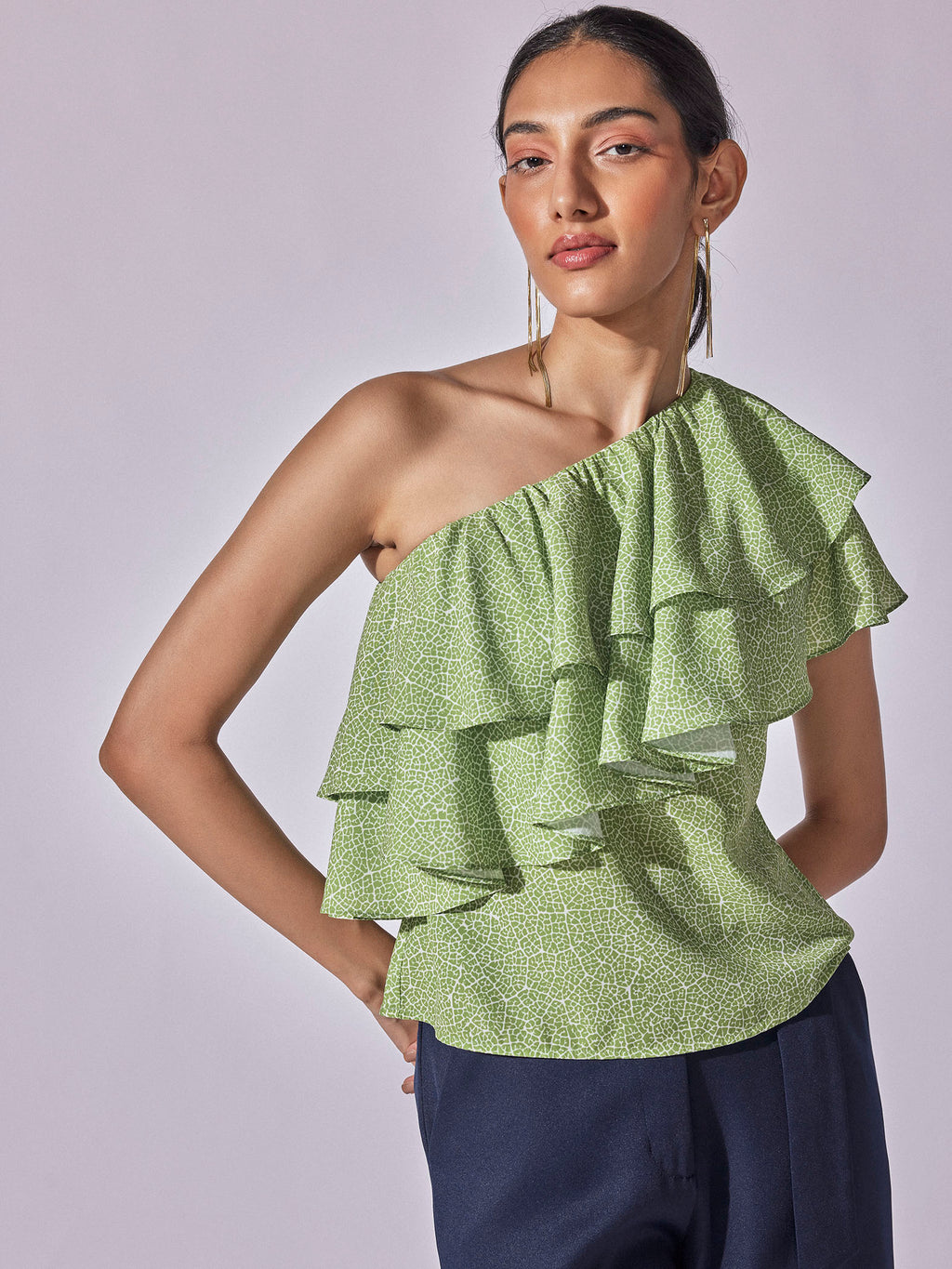 Sage Leaf Print One Shoulder Top