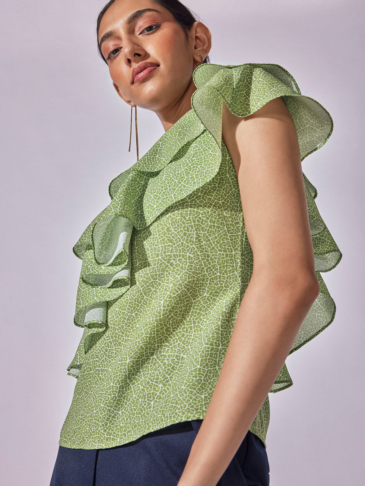 Sage Leaf Print One Shoulder Top