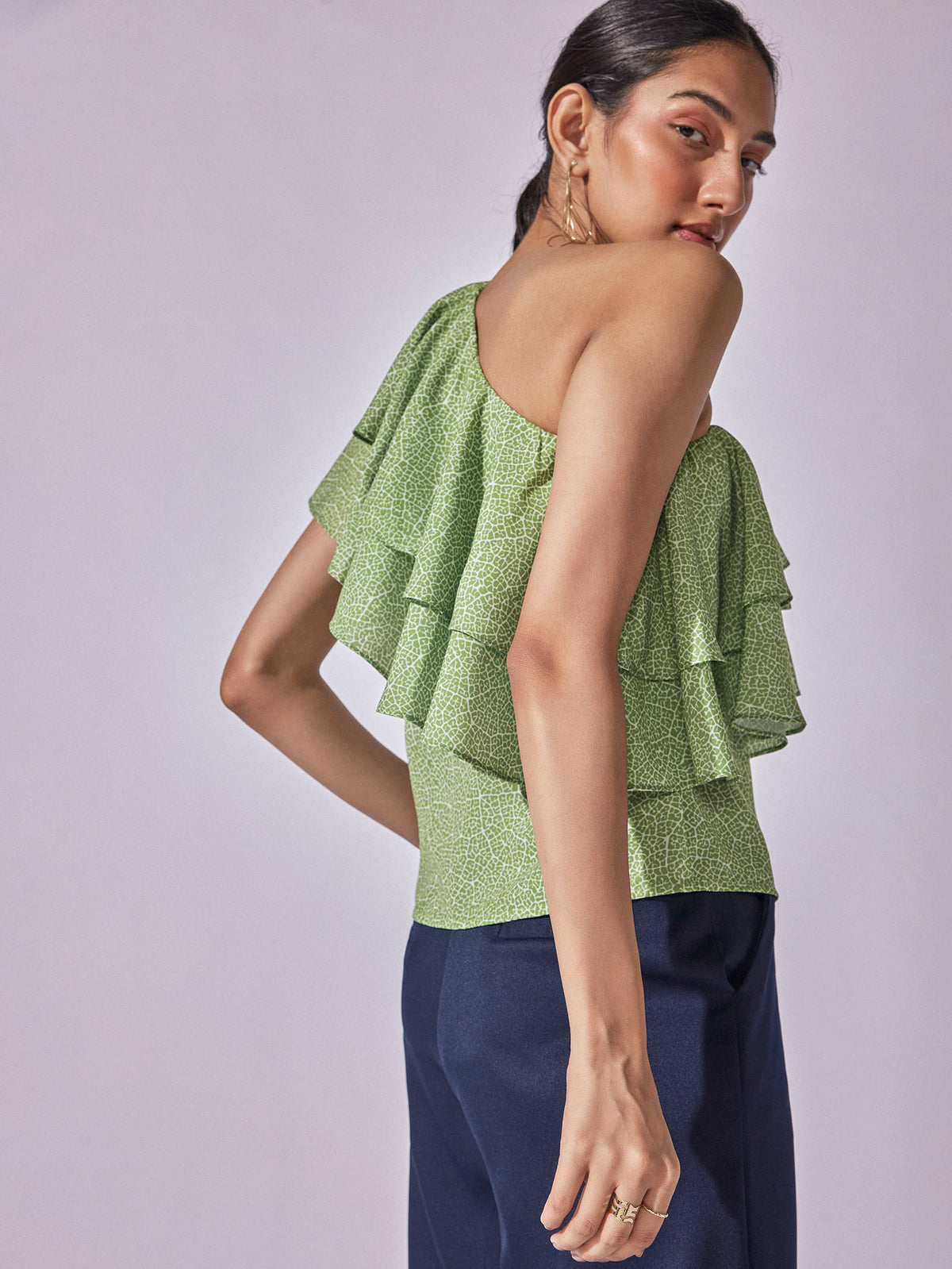 Sage Leaf Print One Shoulder Top