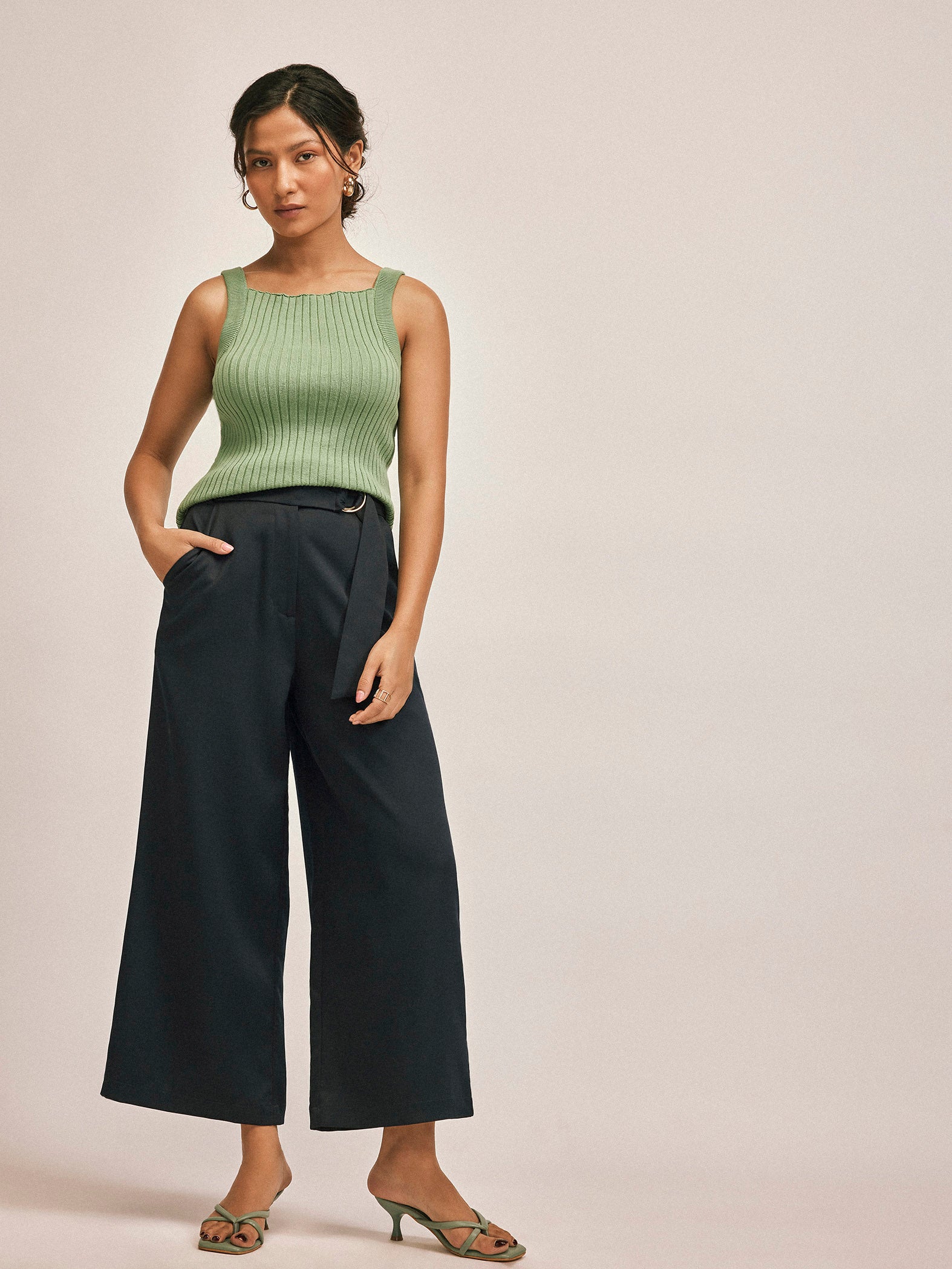 Sage strappy ribbed knit top