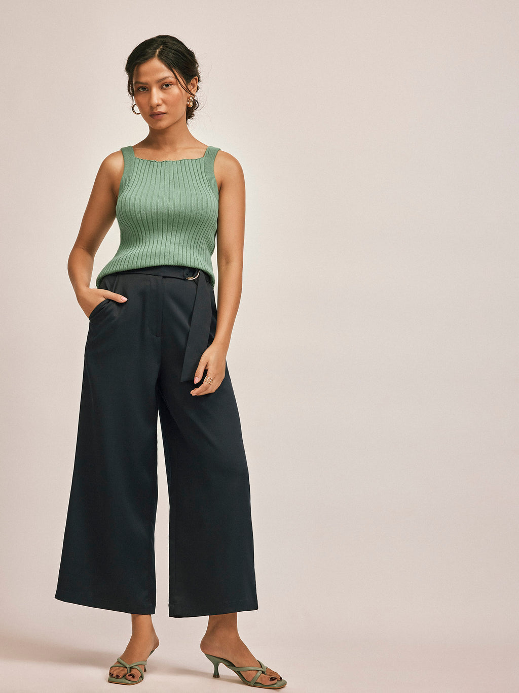Sage strappy ribbed knit top