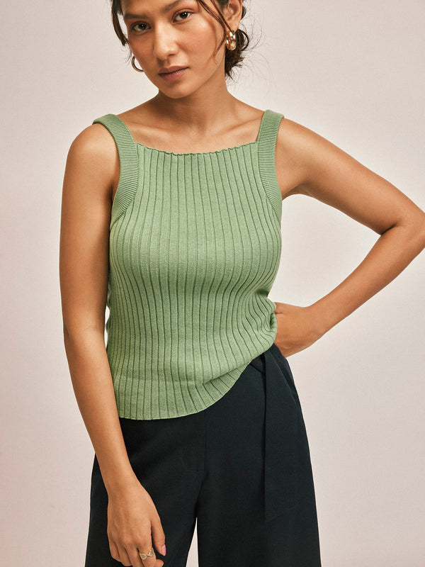 Sage strappy ribbed knit top