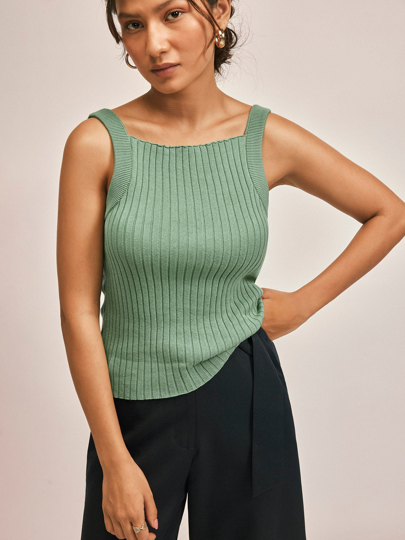 Sage strappy ribbed knit top