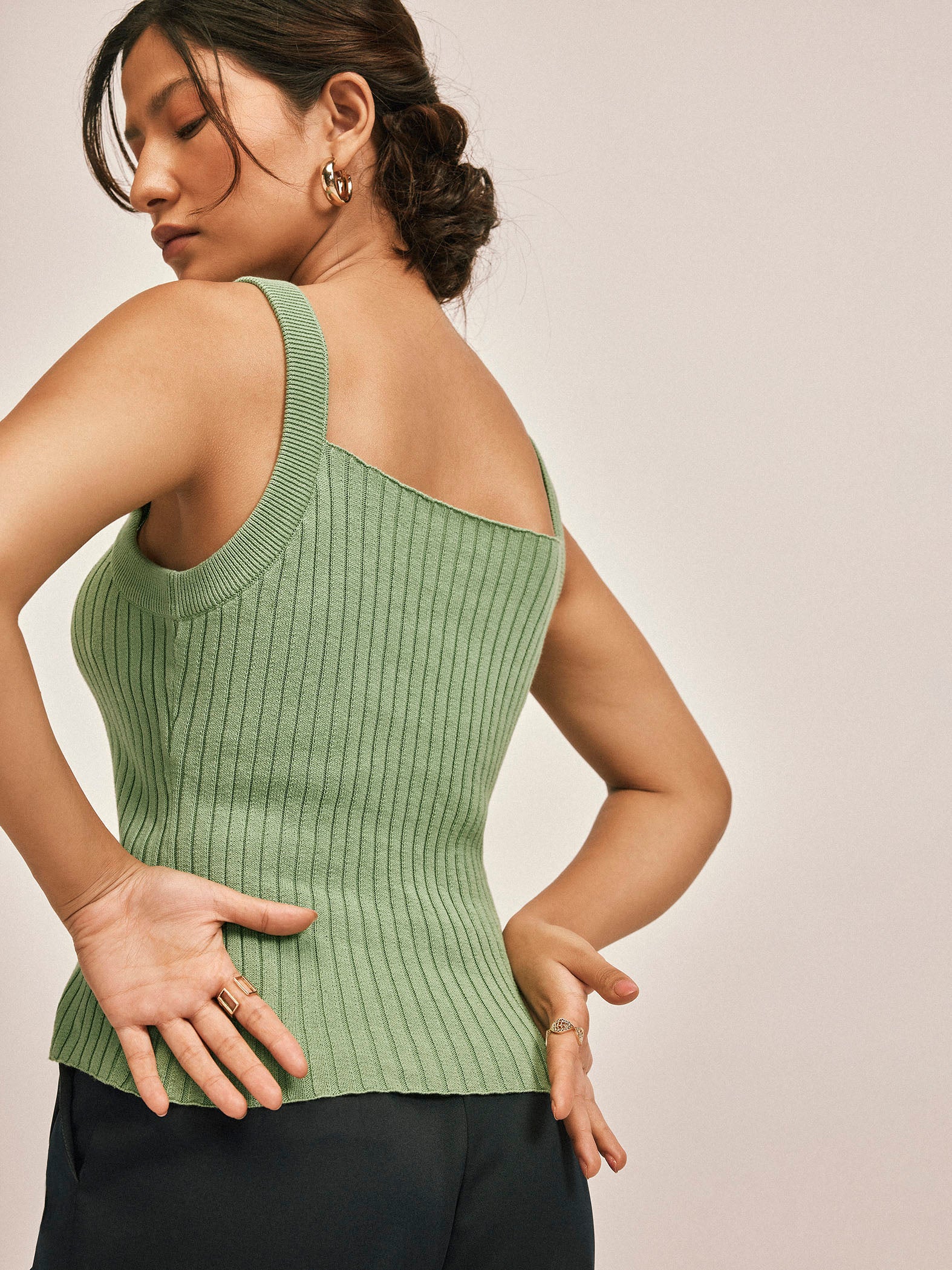 Sage strappy ribbed knit top