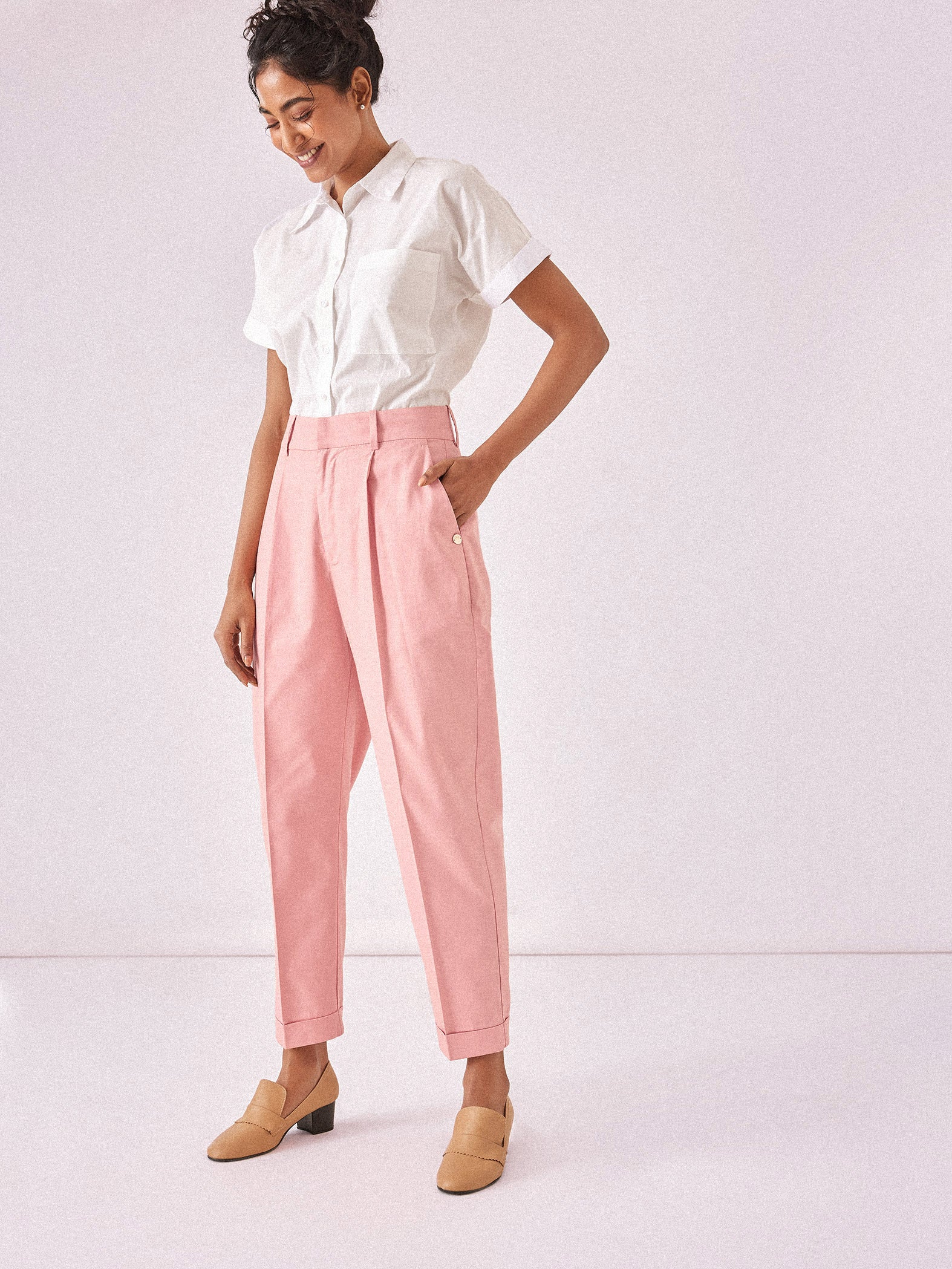 Salmon Cotton Tapered Trousers