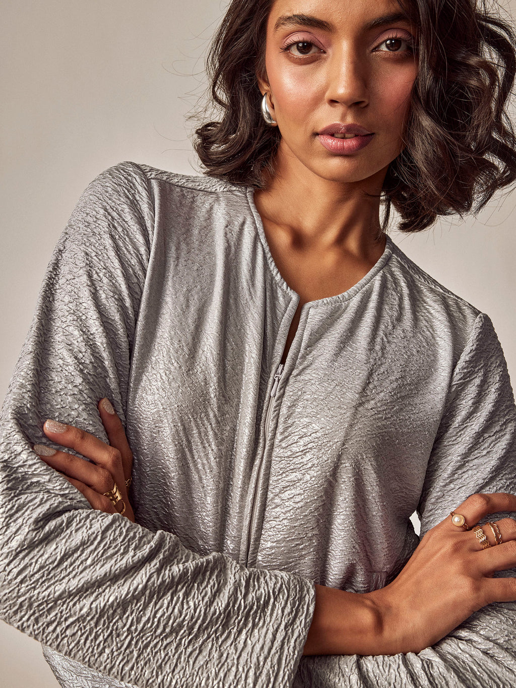 Silver Crinkled Crop Jacket