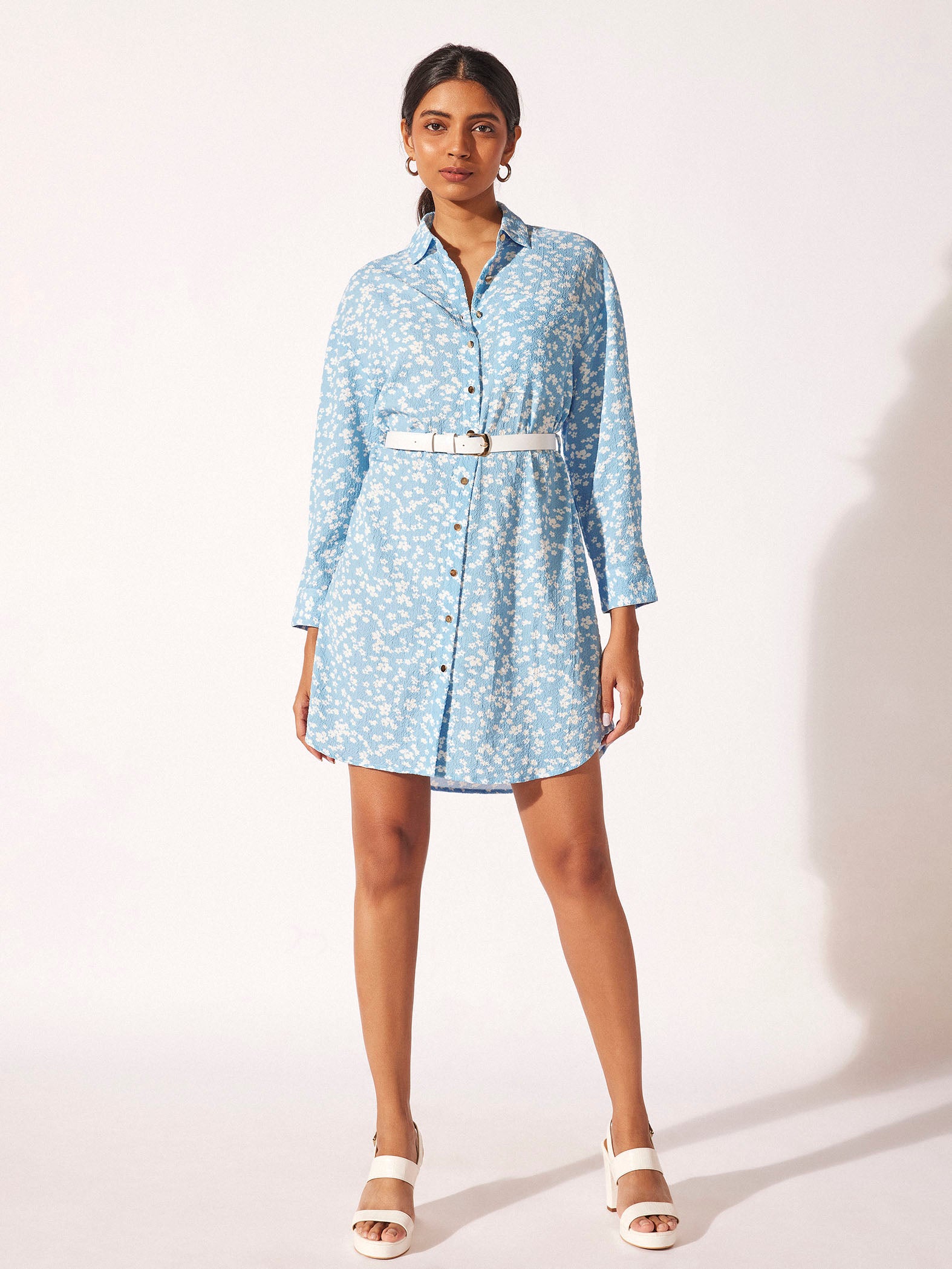 Sky Floral Textured Shirt Dress