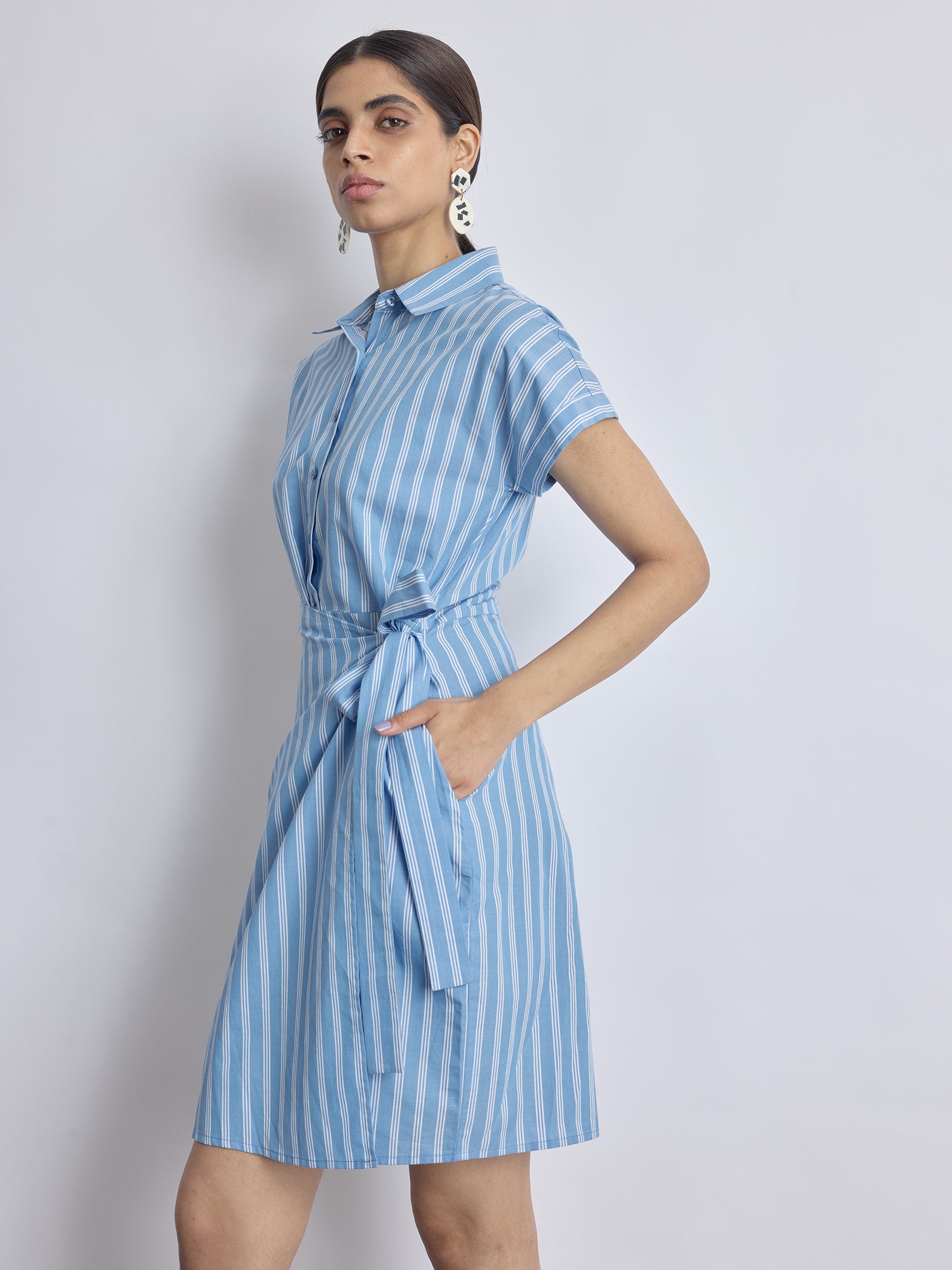 Sky Striped Wrap Tie Shirt Dress