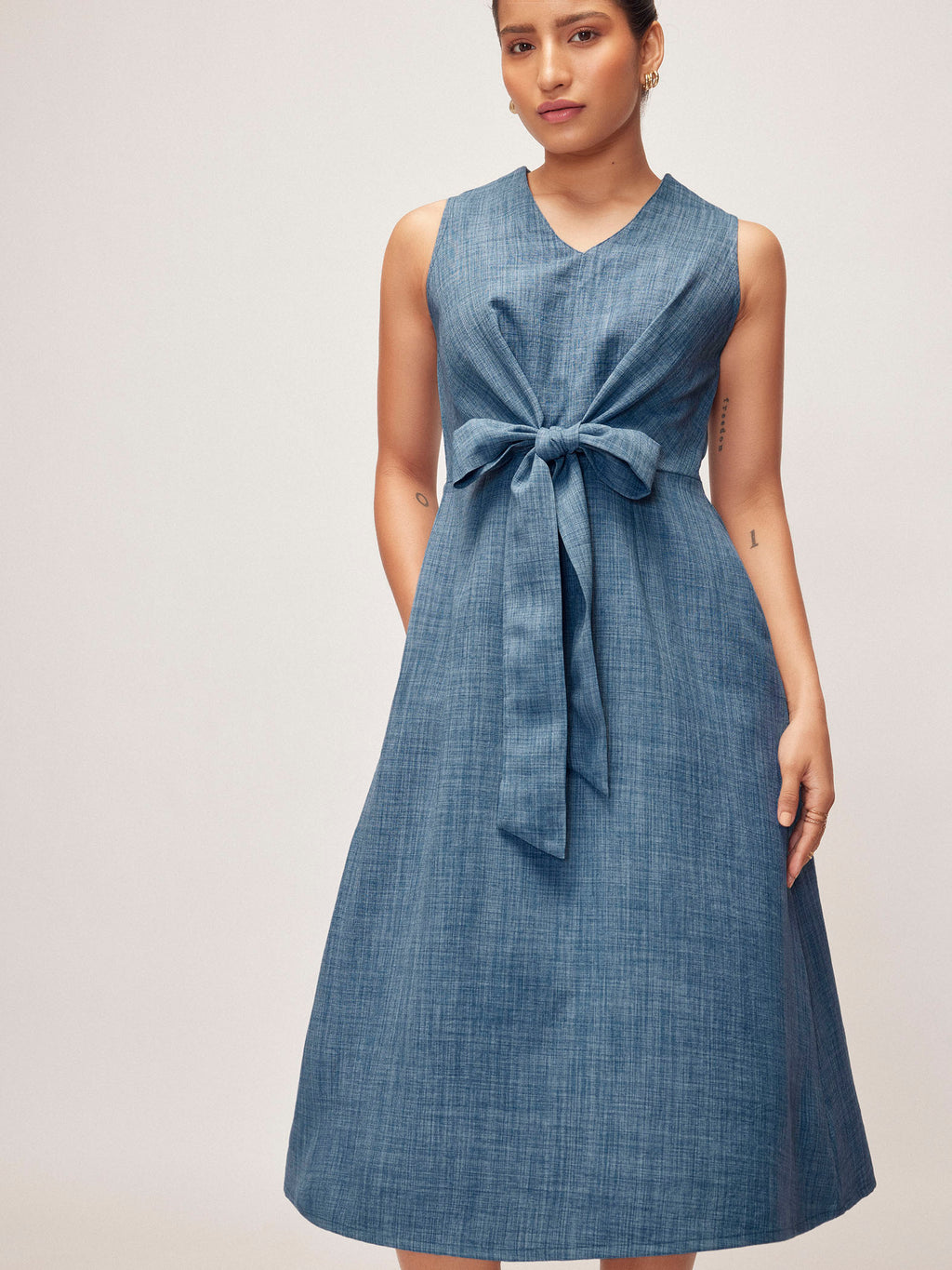 Slate Blue Linen Front Tie Dress