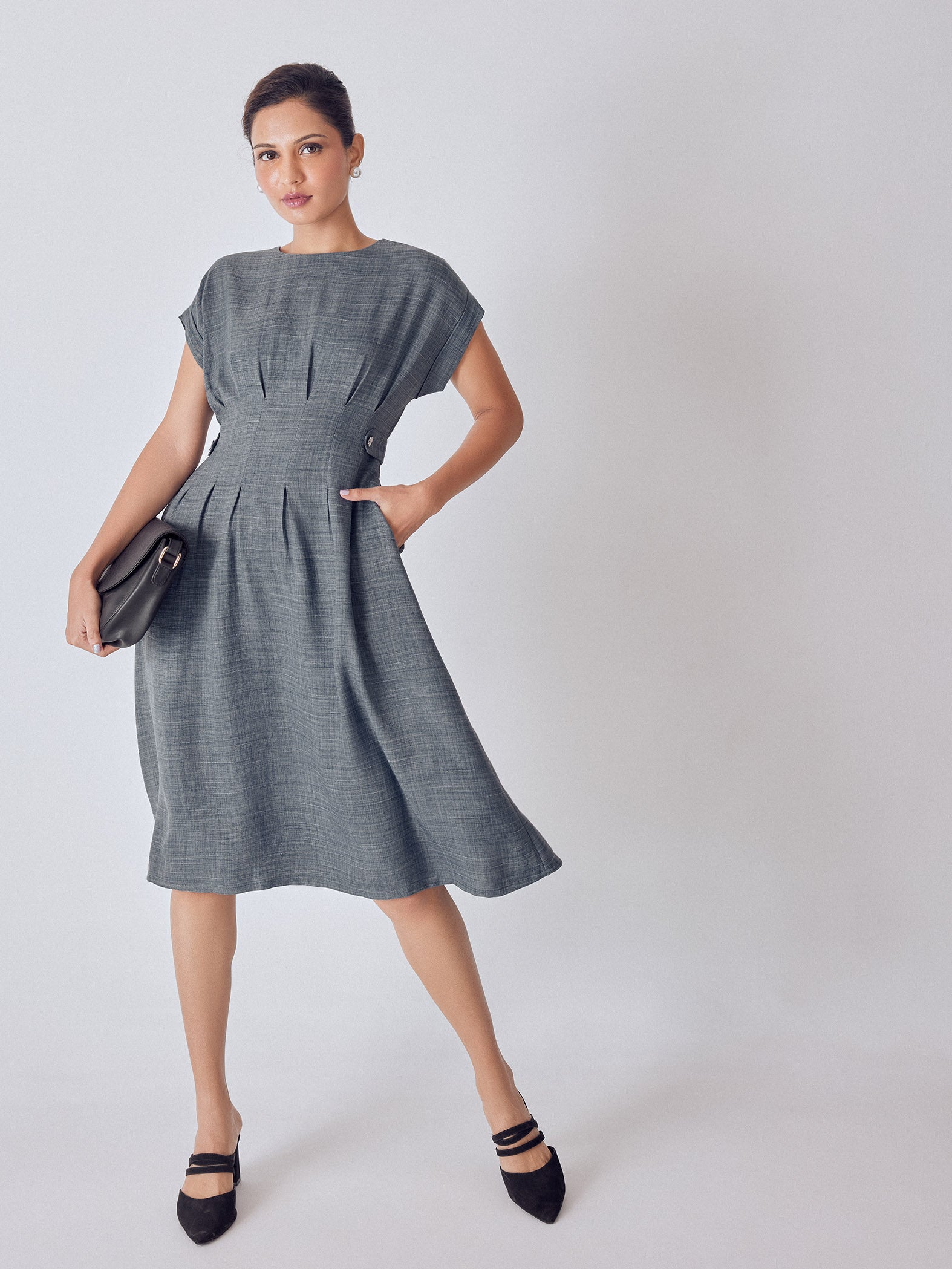 Slate Grey Side Button Midi Dress