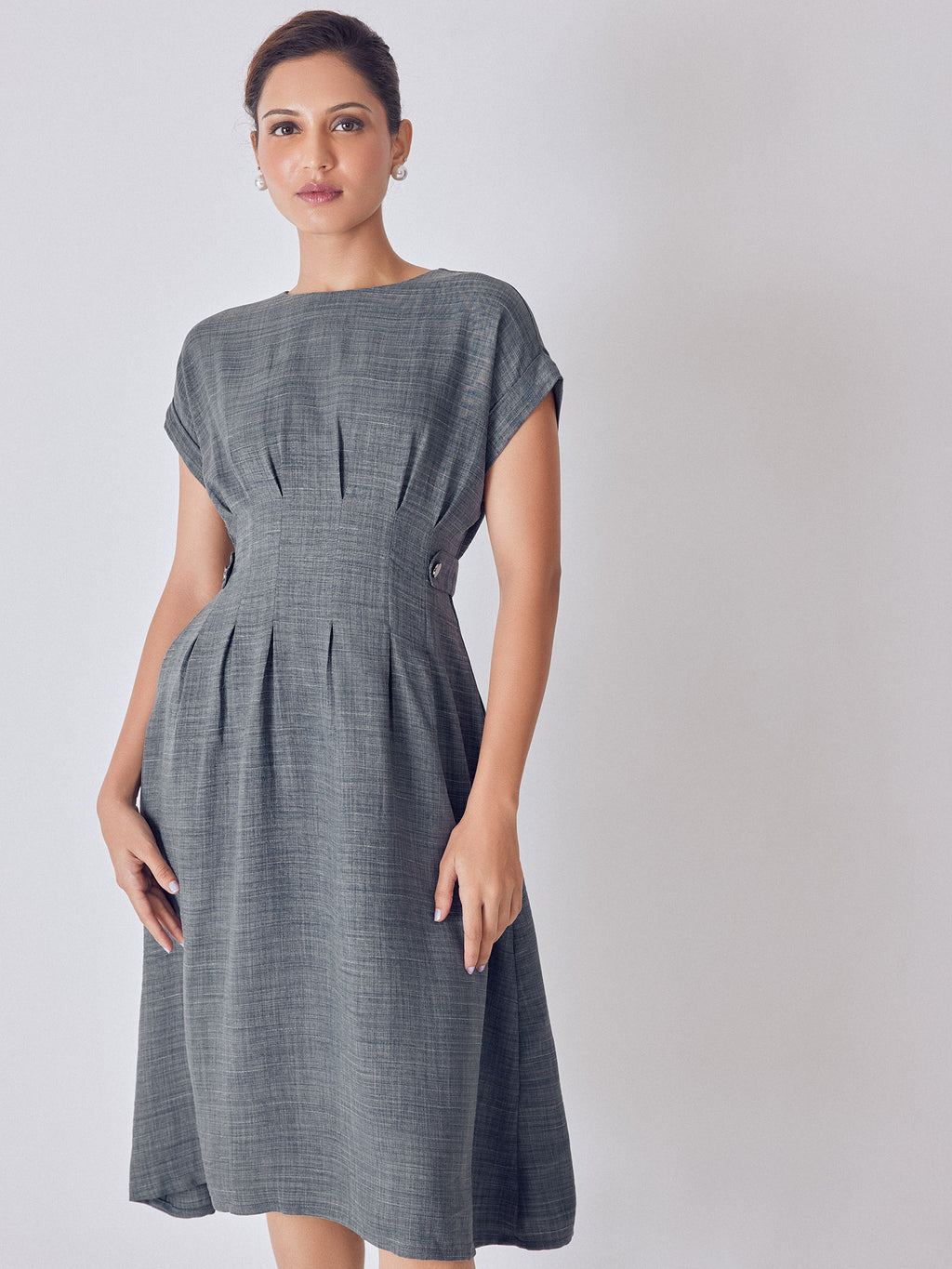 Slate Grey Side Button Midi Dress