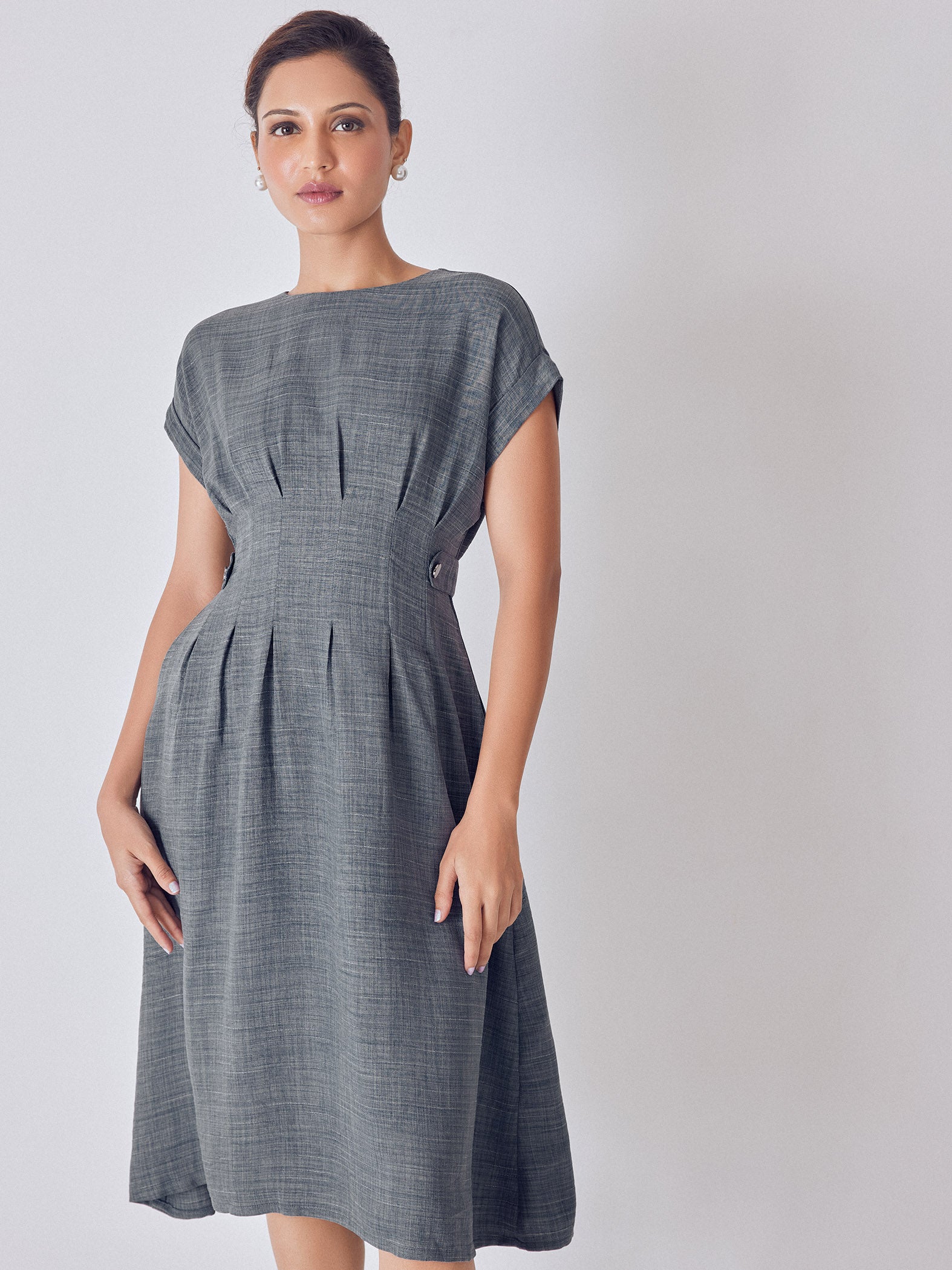 Slate Grey Side Button Midi Dress