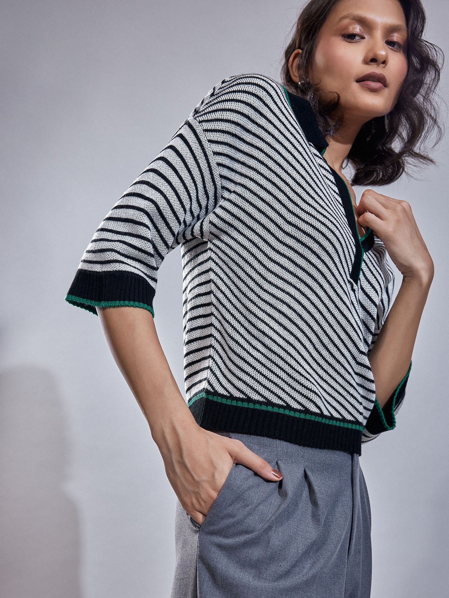 Striped Jacquard Knit Collared Top