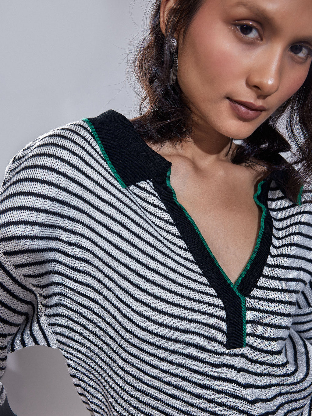 Striped Jacquard Knit Collared Top