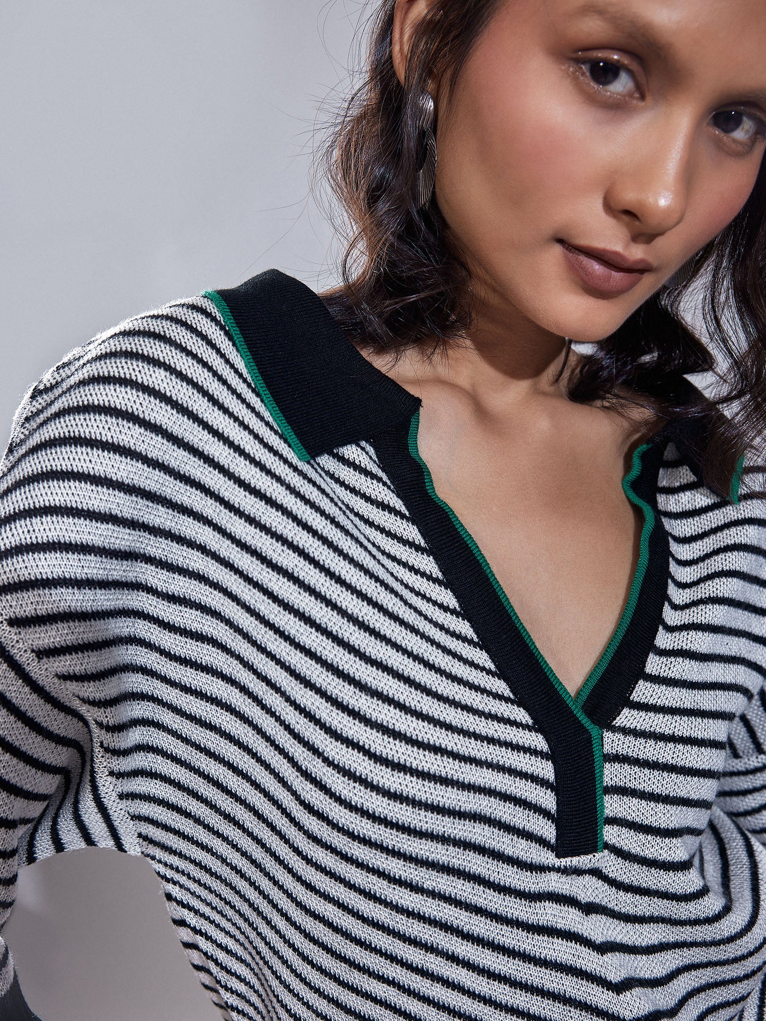Striped Jacquard Knit Collared Top