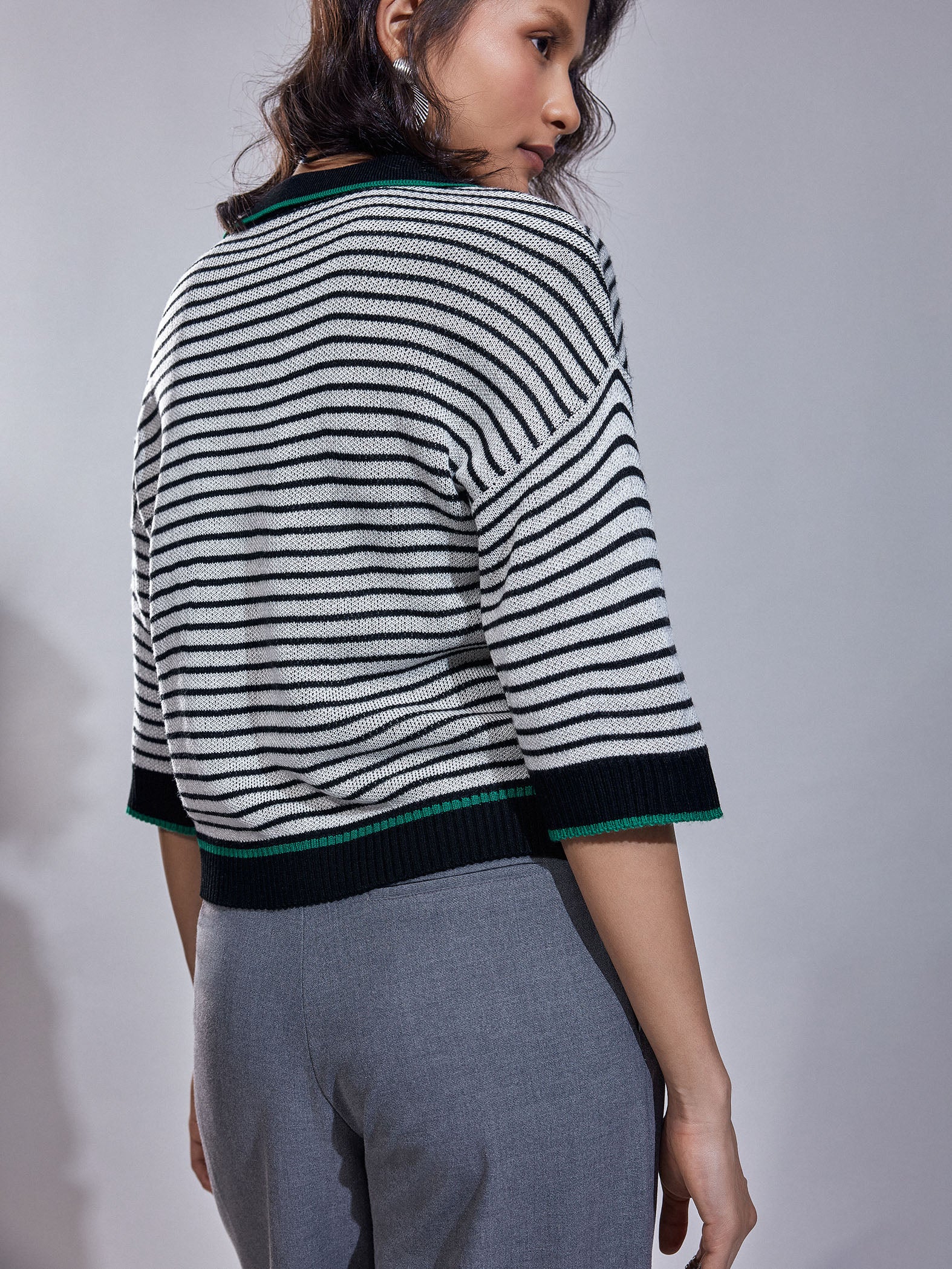 Striped Jacquard Knit Collared Top