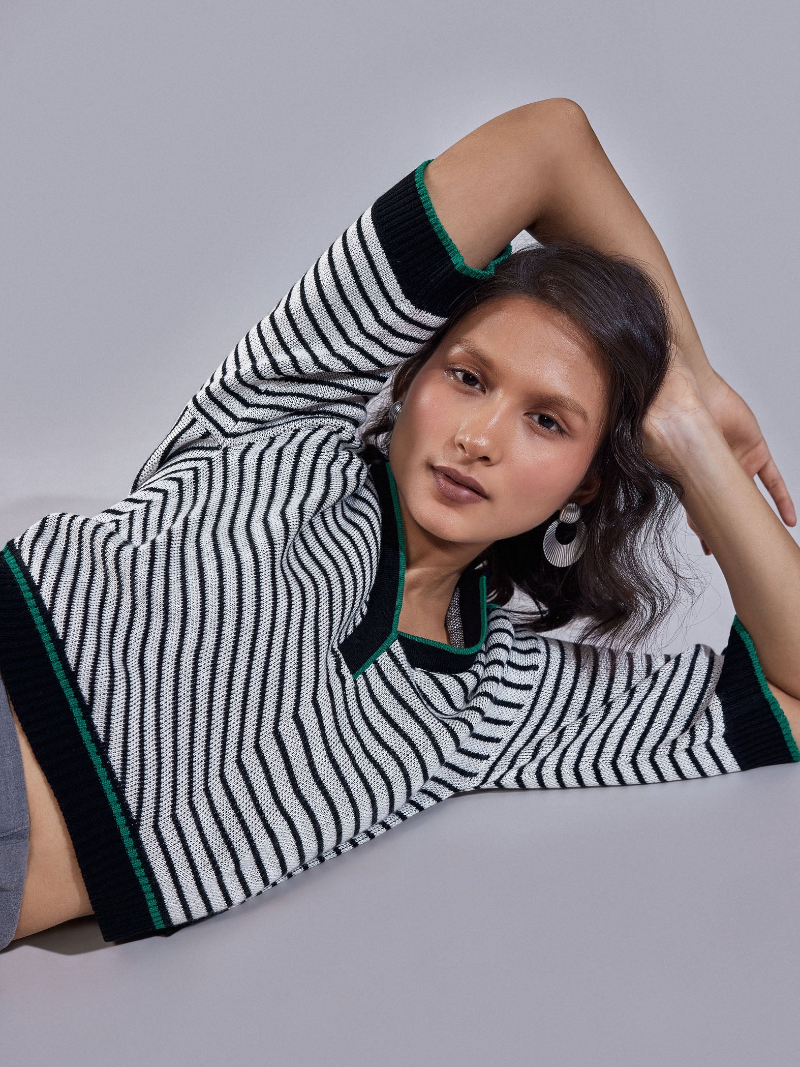 Striped Jacquard Knit Collared Top