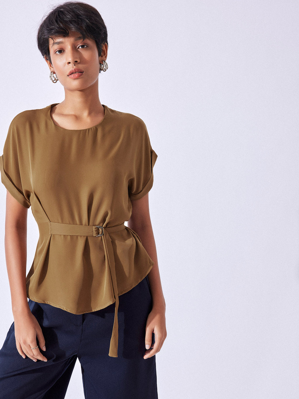 Tan Brown Buckle Belted Peplum Top